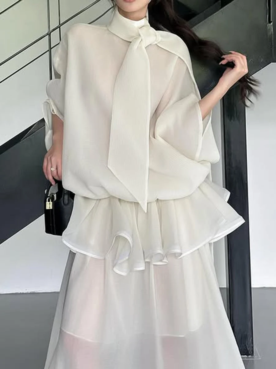 TWOTWINSTYLE, vestidos elegantes minimalistas sueltos para mujer, cuello alto, media manga, vestido elegante con pliegues de retales, ropa femenina nueva