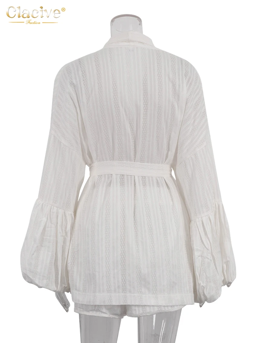 Clacive-Conjuntos holgados de algodón blanco para mujer, batas elegantes con mangas abullonadas y pantalones cortos de cintura alta, 2 piezas, 2025