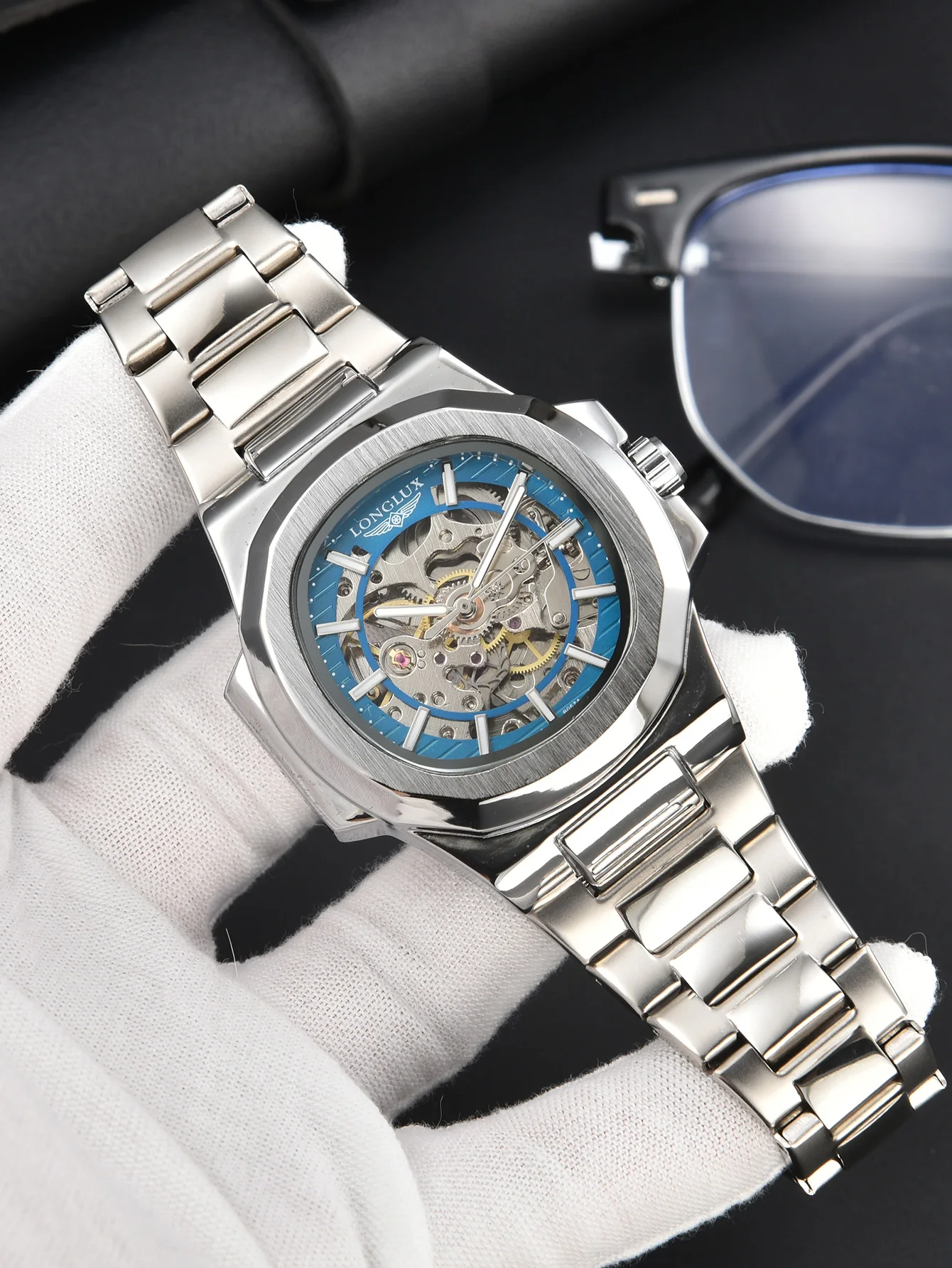 Reloj Mecánico Automático LONGLUX para Hombre, Relojes de Lujo a Prueba de Agua, Esqueleto, Económico, al por Mayor, de Acero Inoxidable, para Regalo