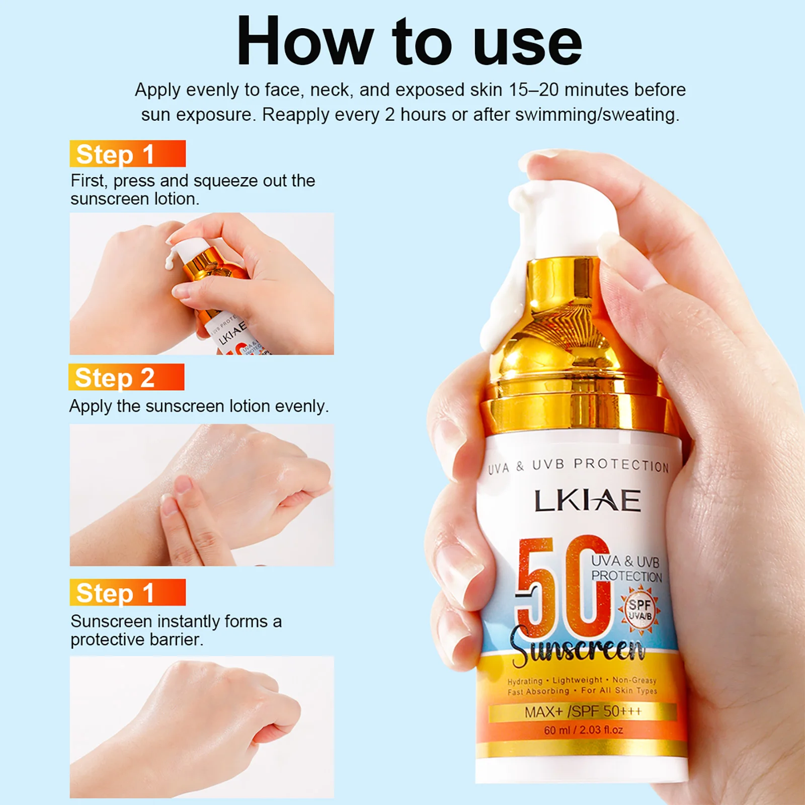 Protector Solar LKIAE Spf 50+, Protección UVA, UVB, Previene Quemaduras Solares, Oscurecimiento de la Piel, Pigmentación, Antiarrugas, Con Aloe Vera