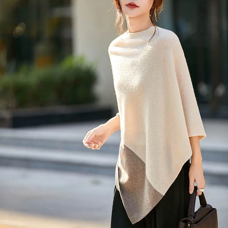 Capa de lana merina de 100% para mujer, jersey, chal Grace, estilo Simple, para oficina, capa larga y contrastante, Top de Cachemira para Otoño e Invierno