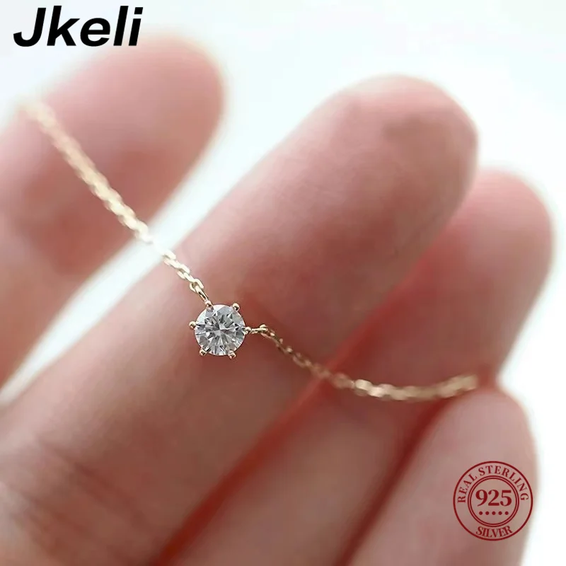 Jkeli-collar chapado en oro de 18k para mujer, de Plata de Ley 925, cadena de clavícula de circón brillante individual, joyería de boda