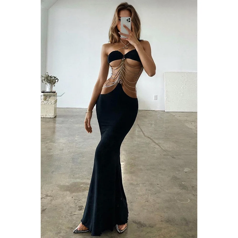 Vestidos de fiesta calados con cuello Halter y cadena de Metal para mujer, vestido largo Sexy sin mangas, vestidos elegantes envolventes