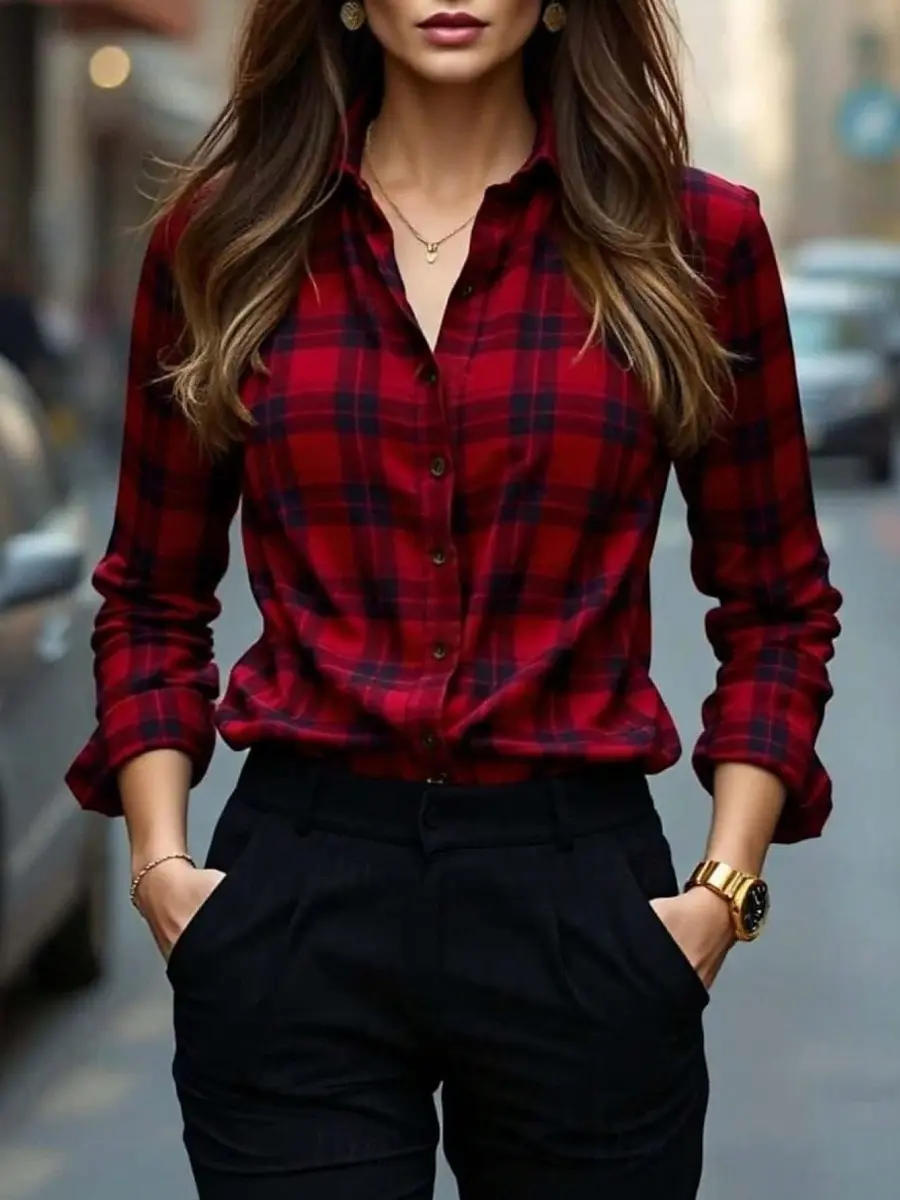 Blusa con botones y estampado a cuadros para mujer, tops informales de manga larga con cuello, atuendos multicolor elegantes para el día a día para primavera y verano