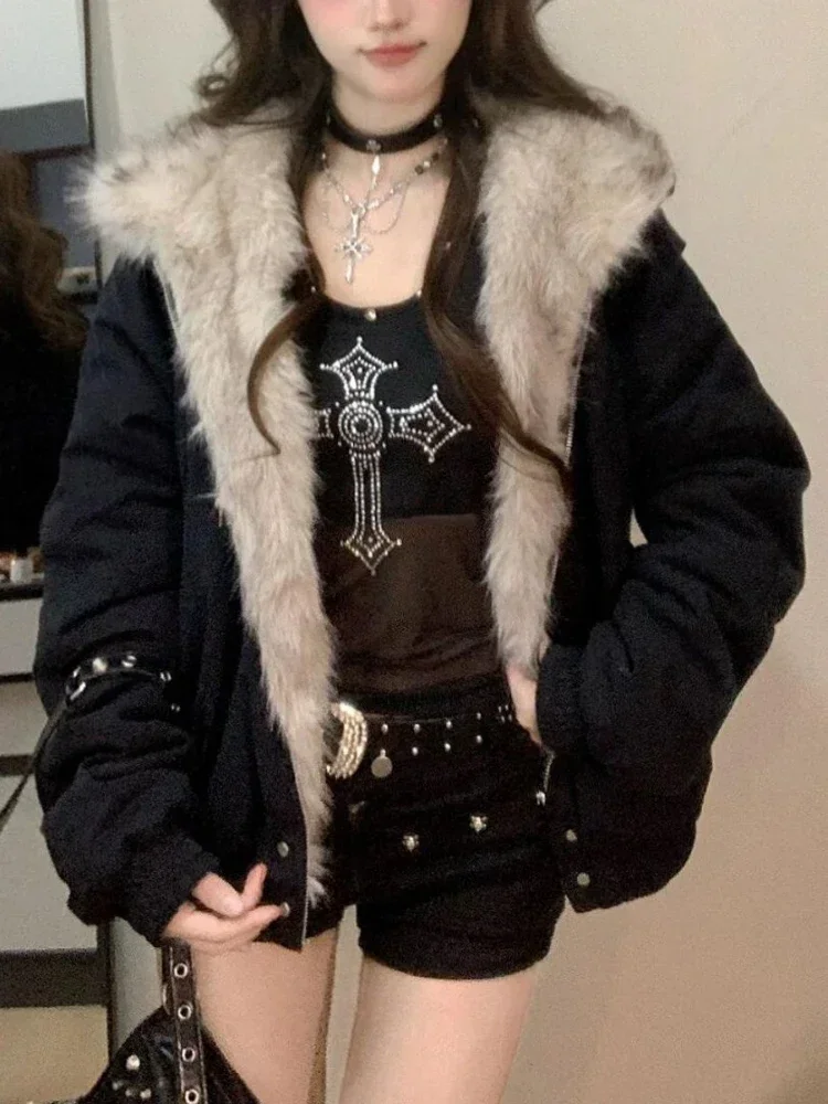 Abrigo holgado de piel con forro elegante para mujer, Parkas gruesas con capucha y Cuello de piel Y2k, ropa de abrigo informal, chaquetas acolchadas de algodón, novedad de invierno