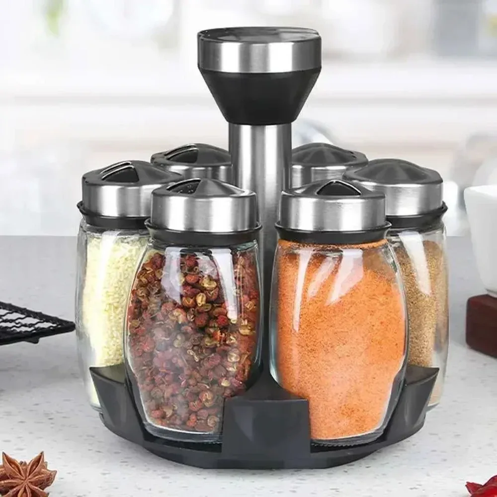Juego de tarros de especias, estante organizador de vidrio giratorio para condimentos, botellas de azúcar y pimienta, salero, estante de almacenamiento de cocina, 7 Uds.