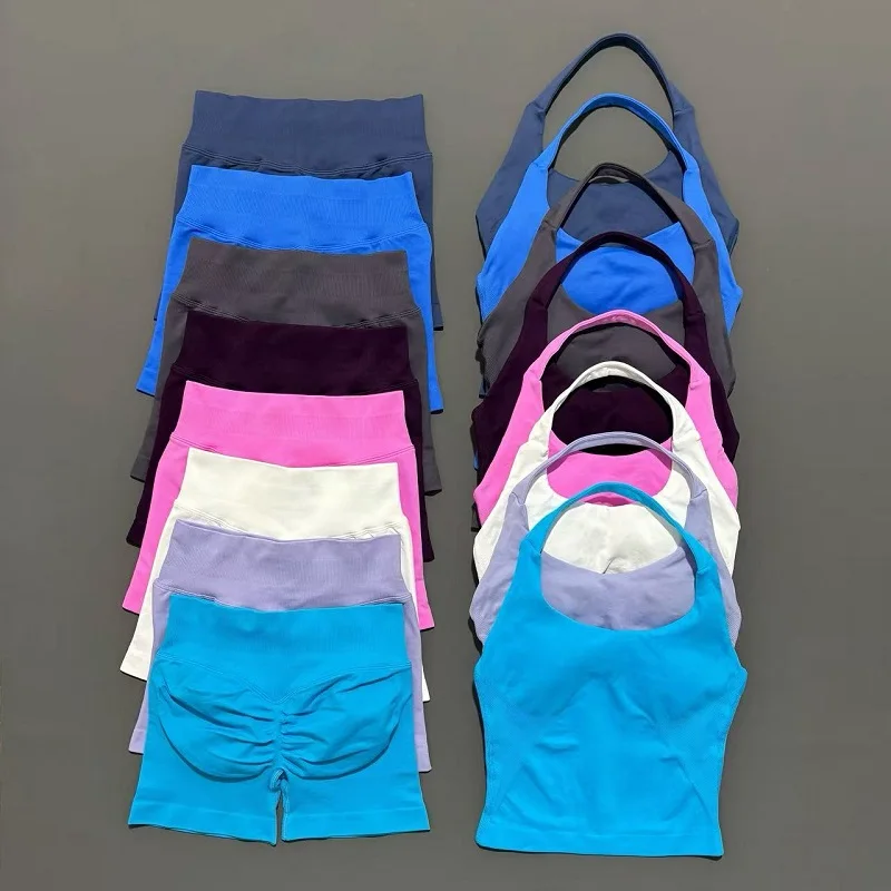 Conjunto de 2 piezas de pantalones cortos de yoga para mujer, top halter sin espalda, pantalones cortos sin costuras de cintura alta, traje de gimnasio, ropa deportiva, conjuntos de entrenamiento