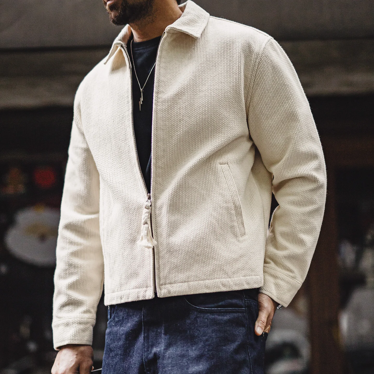 Chaqueta Blanca Vintage para Hombre Maden, Chaqueta Corta de Algodón Grueso con Cuello Camisero, Cierre de Cremallera, Ajustada, para Primavera y Otoño