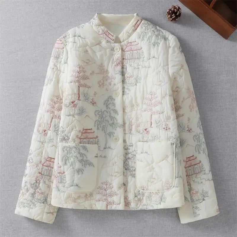 Abrigo de algodón bordado ligero y artístico para mujer, chaqueta acolchada china Retro de otoño e invierno, Tops cortos A294, 2025