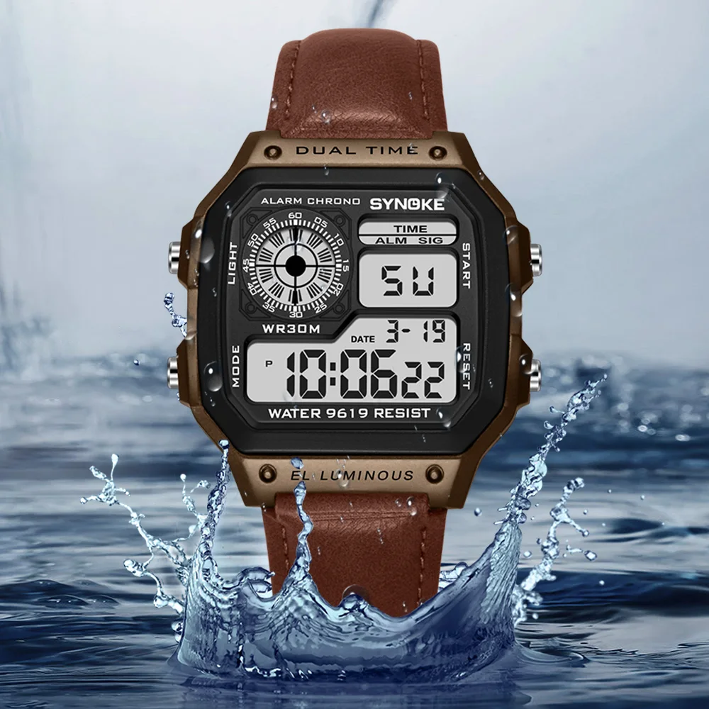Reloj con correa SYNOKE para hombre, reloj Digital LED luminoso multifuncional para deportes al aire libre, reloj Digital de cuero PU para hombre, moda Retro
