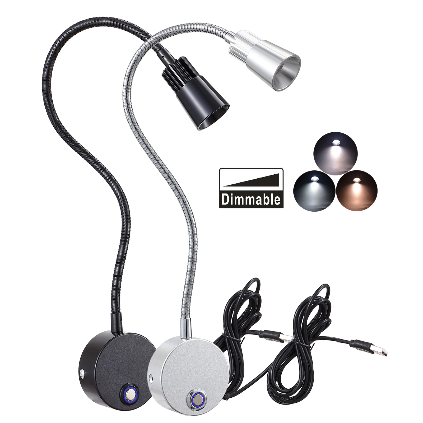 Lámpara de pared regulable CRI98 RG0, 5V, USB 3CCT, foco de lectura de cabecera, luz de trabajo, cuello de cisne ajustable de 15"
