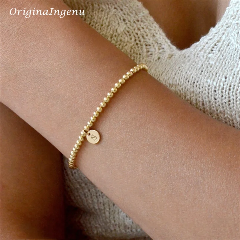 Pulsera de cuentas de oro hecha a mano, pulsera elástica llena de oro de 14 quilates, joyería con letras personalizadas, pulseras bohemias, joyería Bohemia Vintage para mujer