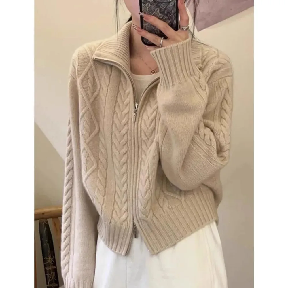 Cárdigan 100% de Cachemira para mujer, suéter suelto y suave de cuello alto para otoño e invierno, suéter tejido de lana, abrigo grueso