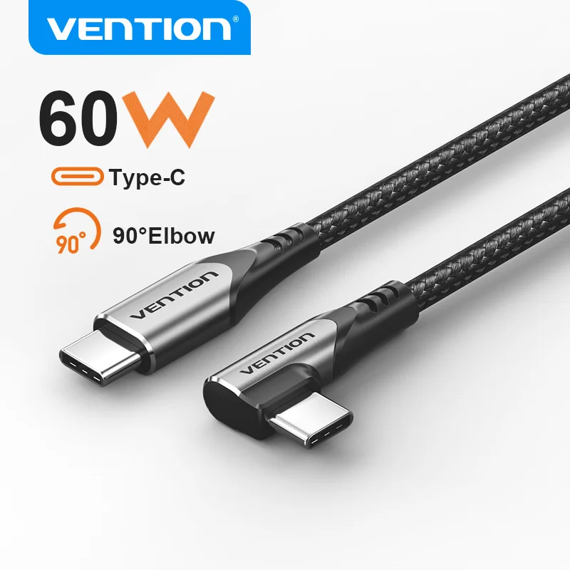 Vention Cable de carga de 60W USB tipo C a 90 codo C Cable para iPhone 17 16 MacBook Samsung S25 Cable de carga rápida Cables de teléfono