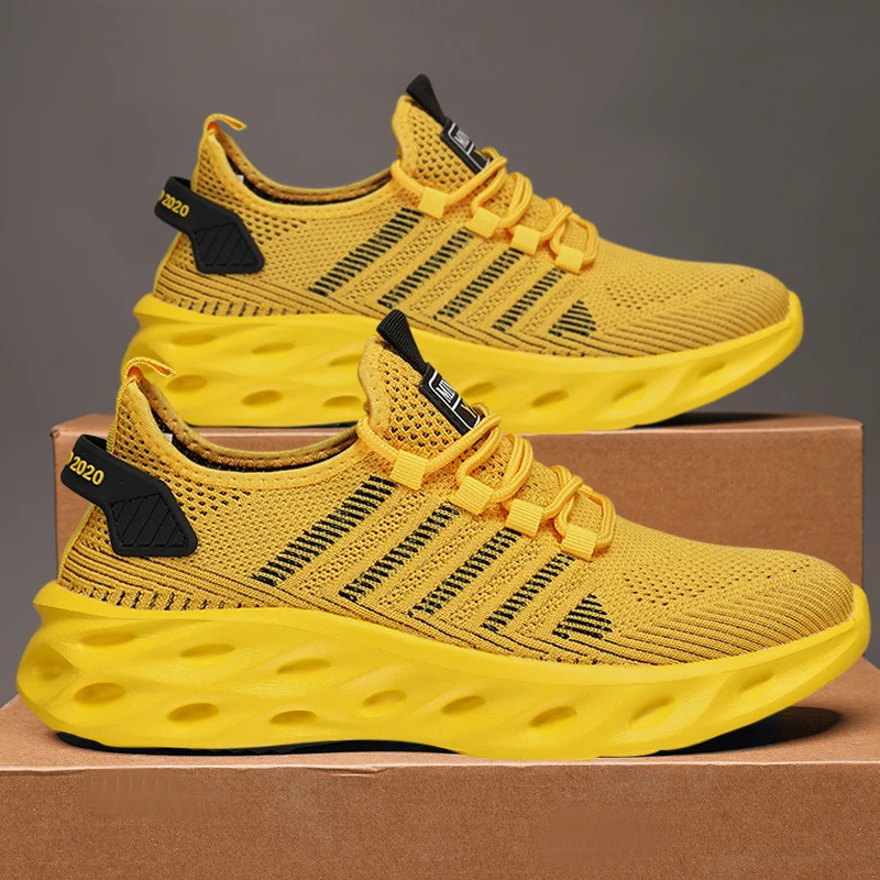 Zapatos cómodos para hombre, zapatillas Unisex, zapatillas transpirables para correr para parejas, calzado deportivo de tenis para mujer, talla 37-47, zapatillas para caminar amarillas
