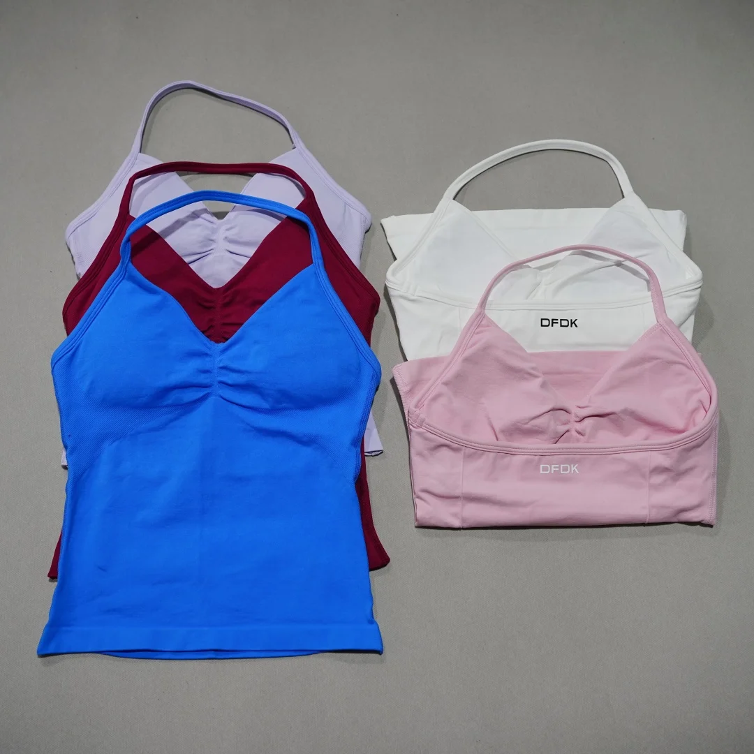 DFDK Chaleco deportivo con cuello en V para mujer, top de yoga sin mangas sin costuras, acolchado desmontable, ropa deportiva transpirable de ajuste delgado para gimnasio y correr