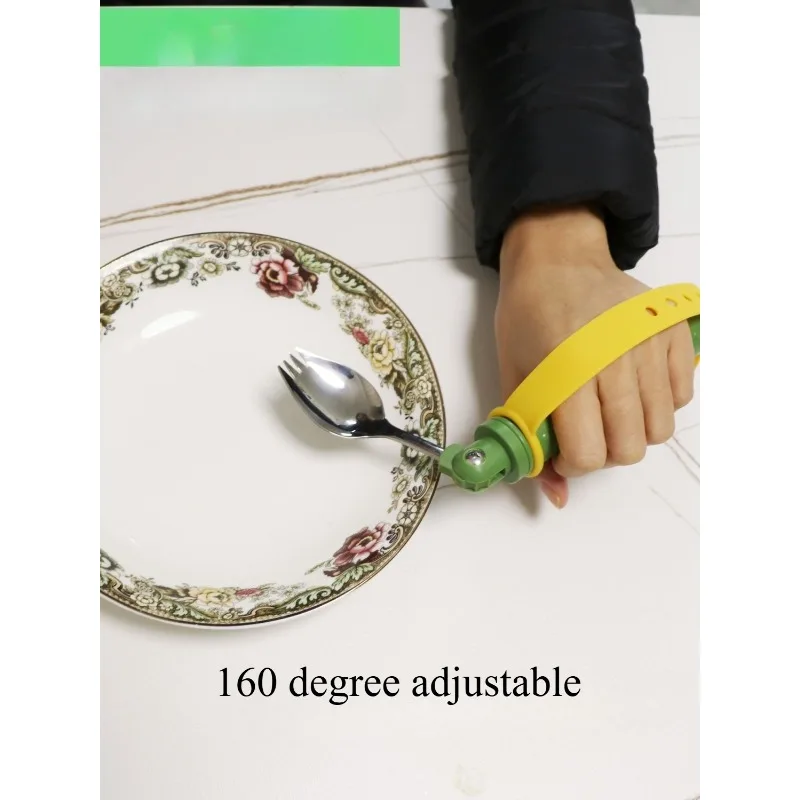 Set de Cubiertos Asistivos para Personas Mayores, Tenedor/Cuchara de Acero Inoxidable de Grado Alimenticio con Correas Antideslizantes y Ángulo Ajustable