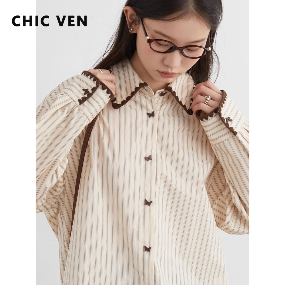 Camisa de Moda CHIC VEN para Mujer, Blusa Holgada a Rayas de Manga Larga, con Botones de Mariposa, de Algodón, para Otoño e Invierno 2026
