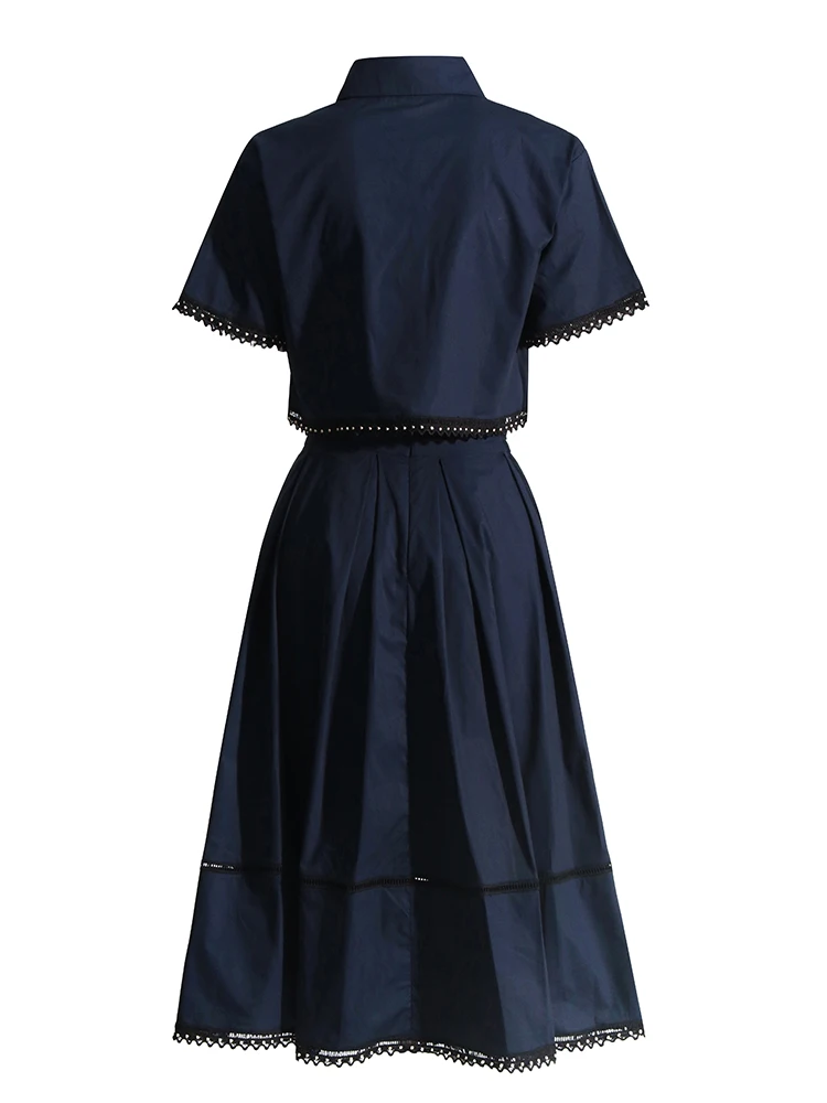 TWOTWINSTYLE, conjuntos lisos de dos piezas de verano para mujer, Tops de manga corta con solapa, falda acampanada de cintura alta, conjunto ajustado, moda femenina nueva