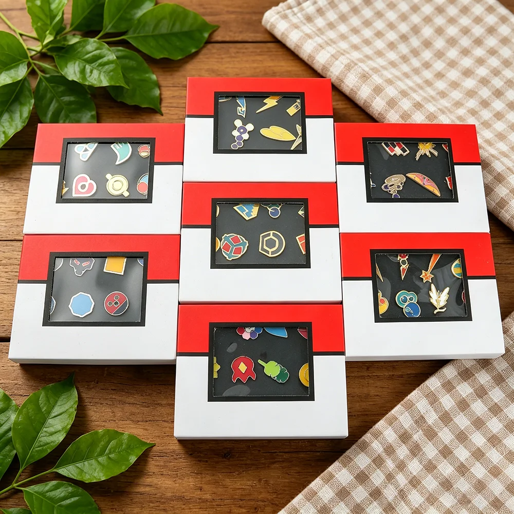 Set de 8 pines de esmalte de anime para gimnasio, broches de solapa de esmalte duro coloridos, insignias de entrenador, caja de regalo coleccionable para mochila