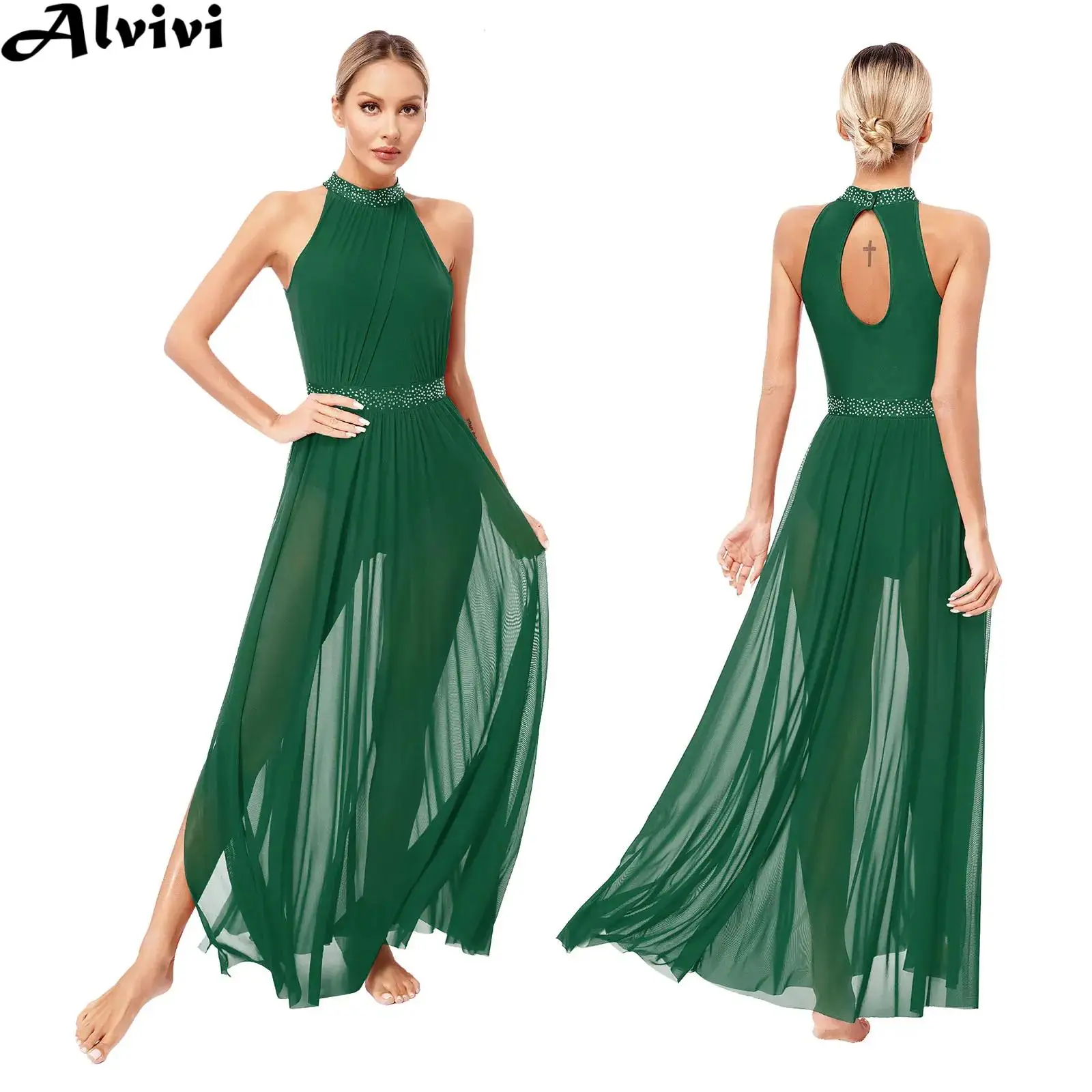Traje de actuación de danza lírica moderna para mujer, vestido de leotardo de malla dividida con diamantes de imitación sin mangas para patinaje y gimnasia de Ballet