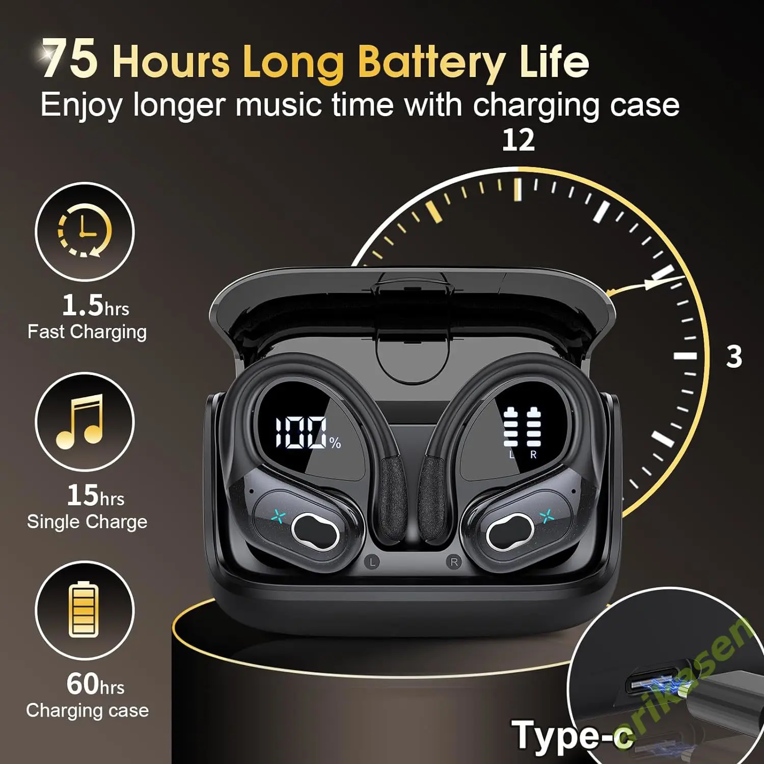 Auriculares Bluetooth 5,3, auriculares inalámbricos 2024, auriculares deportivos Bluetooth de 75 horas con micrófono con cancelación de ruido, auriculares impermeables IPX7