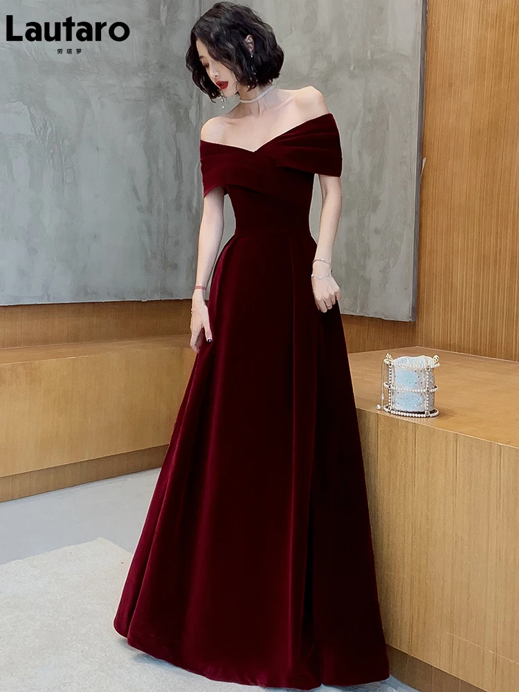 Lautaro primavera largo de lujo elegante vino rojo suave terciopelo fiesta de noche vestidos de boda para mujeres 2022 vestido Maxi con hombros descubiertos