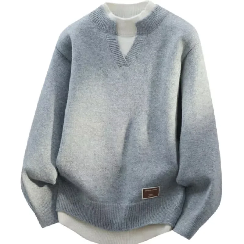 Jersey falso de dos piezas para hombre, cárdigan con cuello redondo, ropa de manga larga, suéter de punto informal juvenil cómodo y térmico