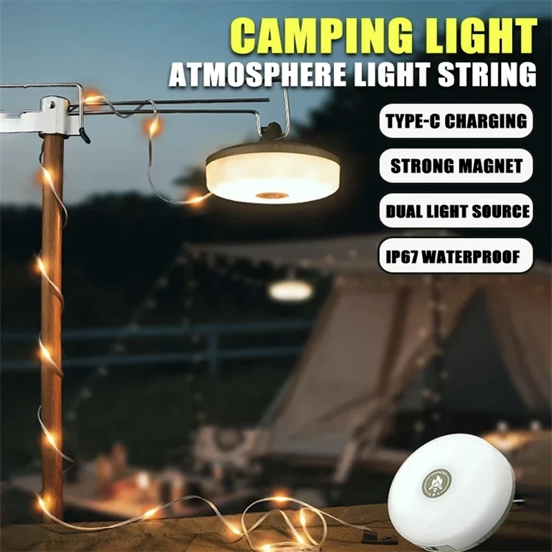 Luces solares para acampar al aire libre, cadena de luces de 10 metros, luz para tienda de campaña al aire libre, luz de ambiente RGB, linterna LED con gancho ﻿