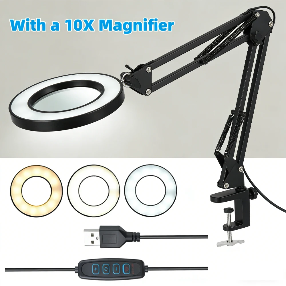 Lupa Iluminada con 72 LED 8X/10X, Nueva, con USB, 3 Colores de Luz LED, para Soldadura, Reparación, Lámpara de Mesa, Cuidado de la Piel y Belleza