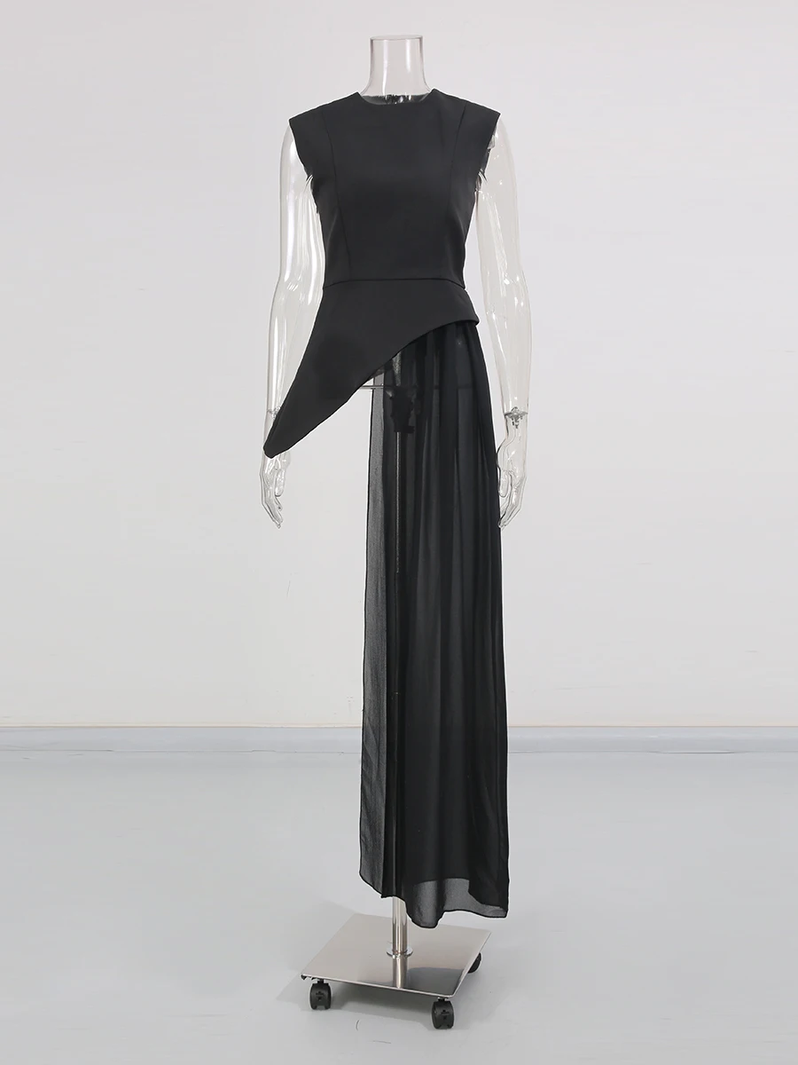 TWOTWINSTYLE, blusas irregulares con pliegues empalmados adelgazantes lisos para mujer, blusa larga sin mangas con cuello redondo y cintura alta para mujer, nueva