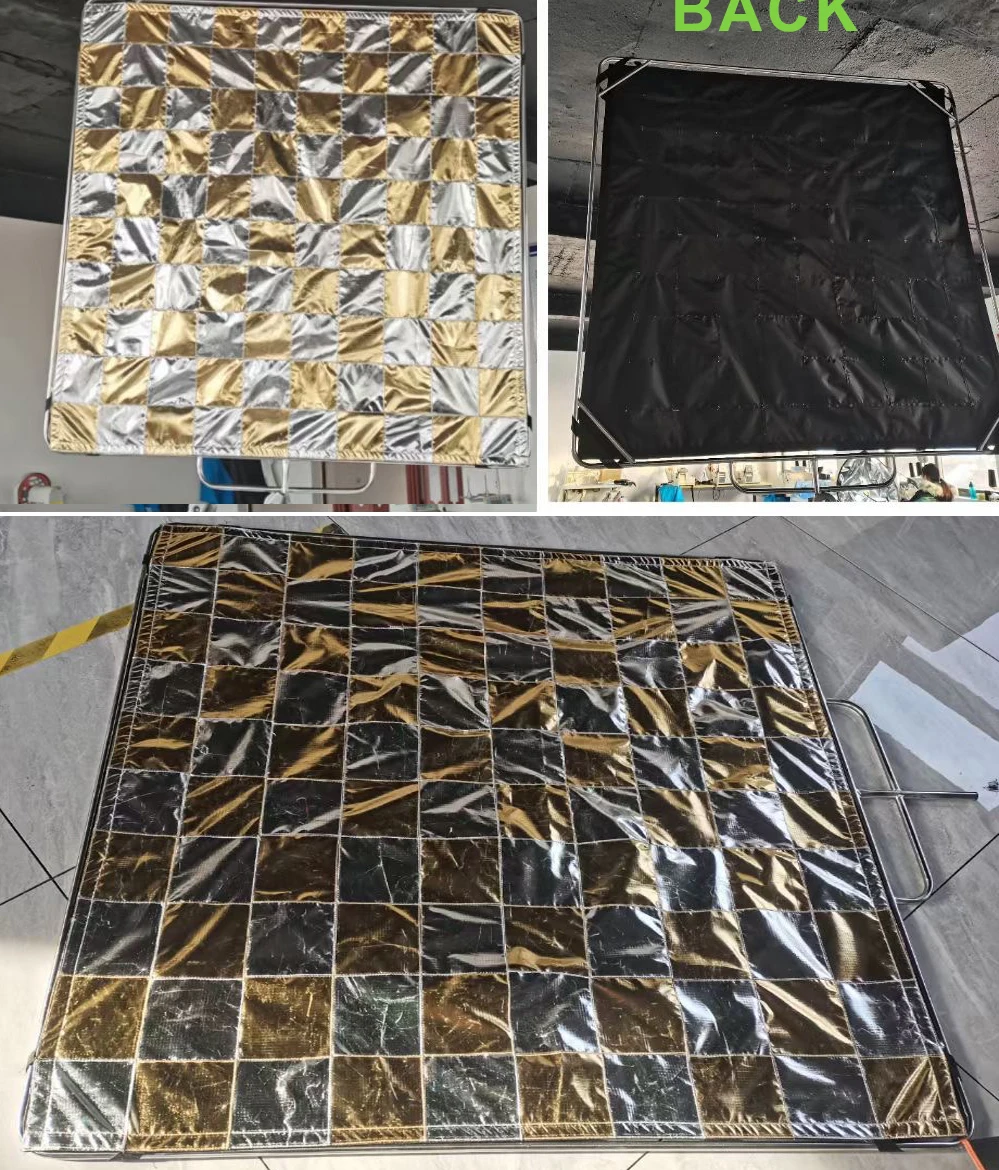 Tablero de ajedrez opcional de 6'x6' / 8'x 8'/10'x10'/ 12'x 12', tela reflectora de hoja plateada/dorada para marco de mariposa superior