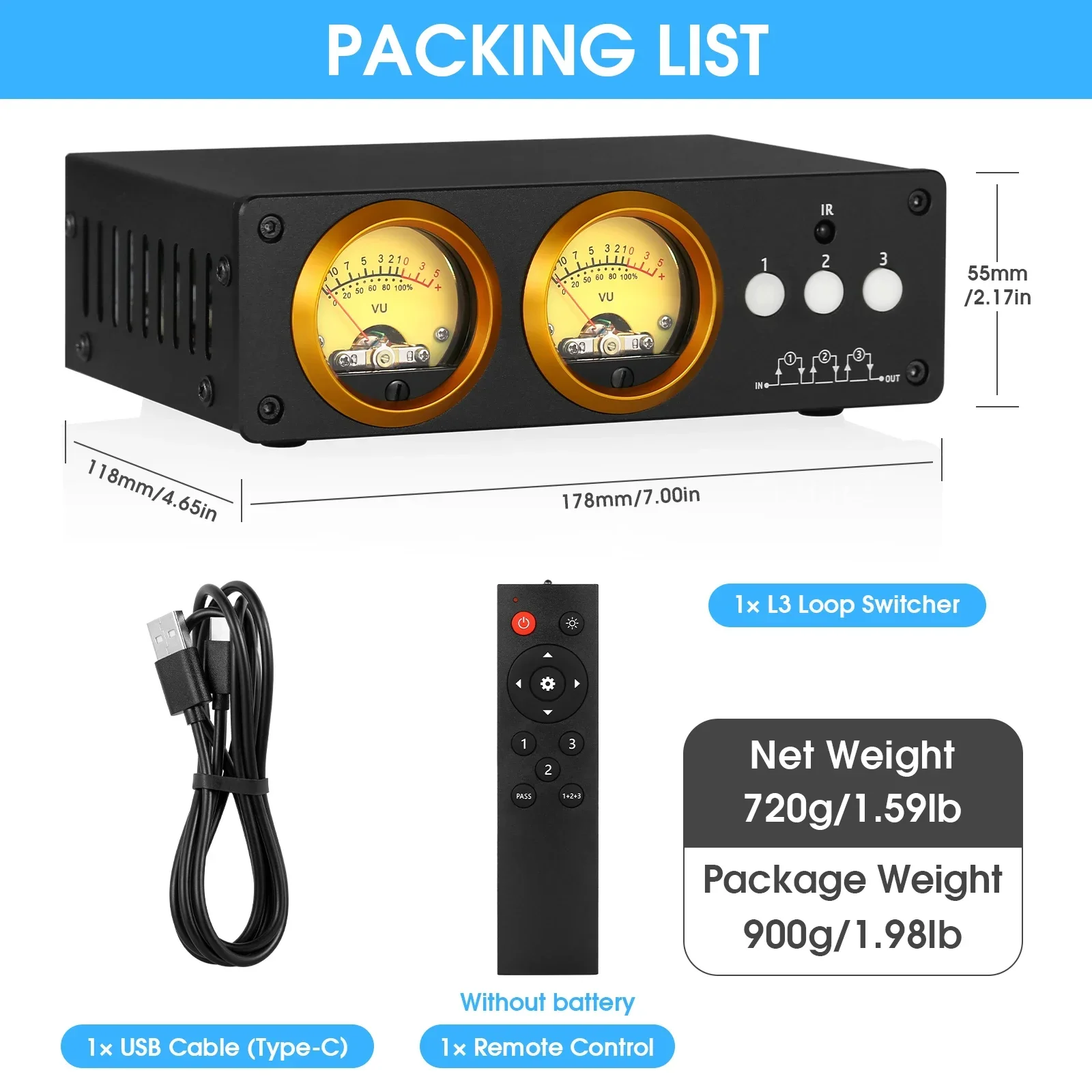 Douk Audio-conmutador de bucle de 3 canales L3, 1(3) en 3(1), Selector de salida, pantalla de medidor de VU Dual, divisor estéreo con Control remoto IR