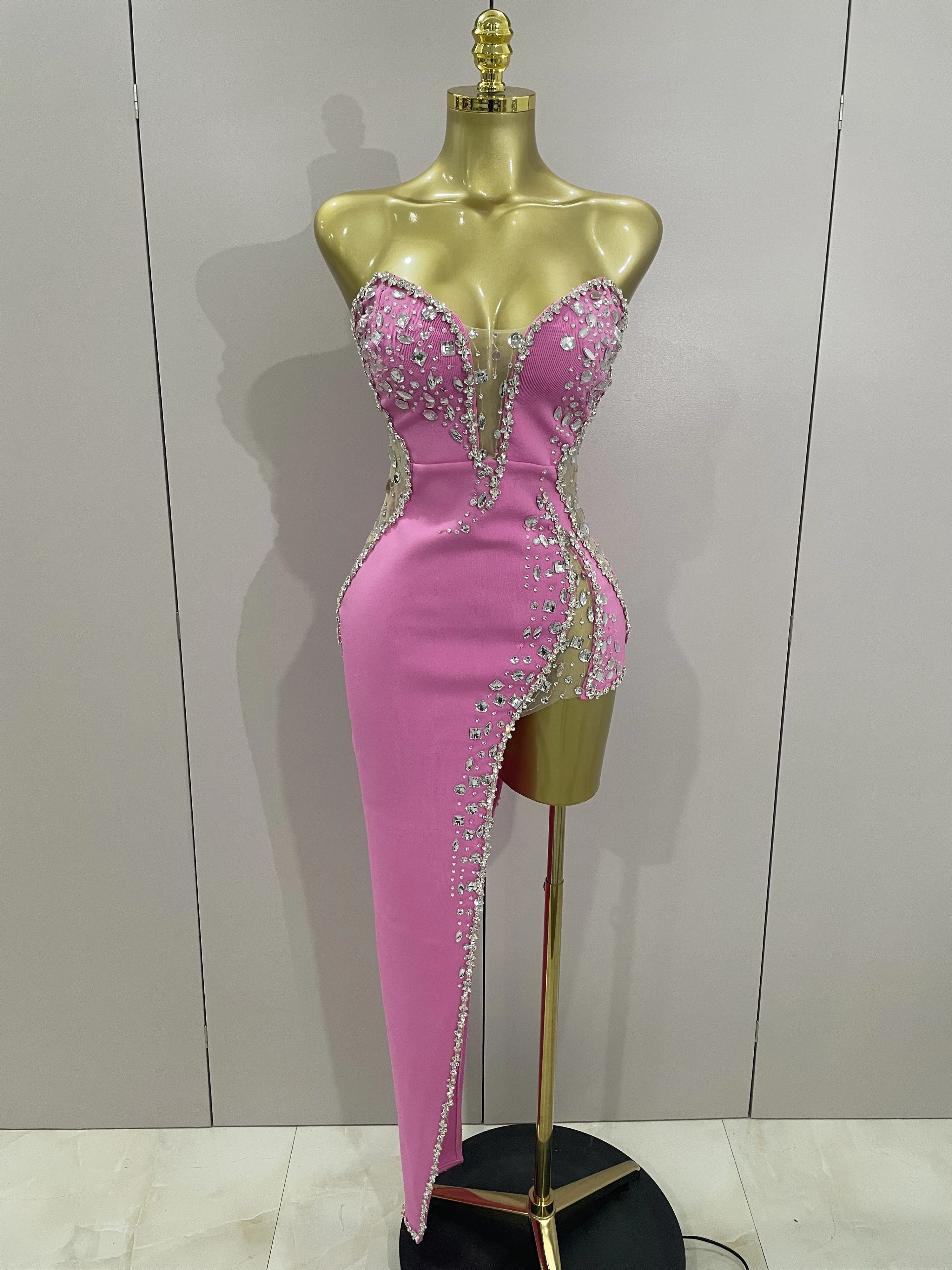 Lo más nuevo, Vestido largo sexi de alta calidad sin tirantes con diamantes de imitación brillantes, Vestido ceñido al cuerpo para mujer, Vestido de fiesta de noche a la moda para celebrar