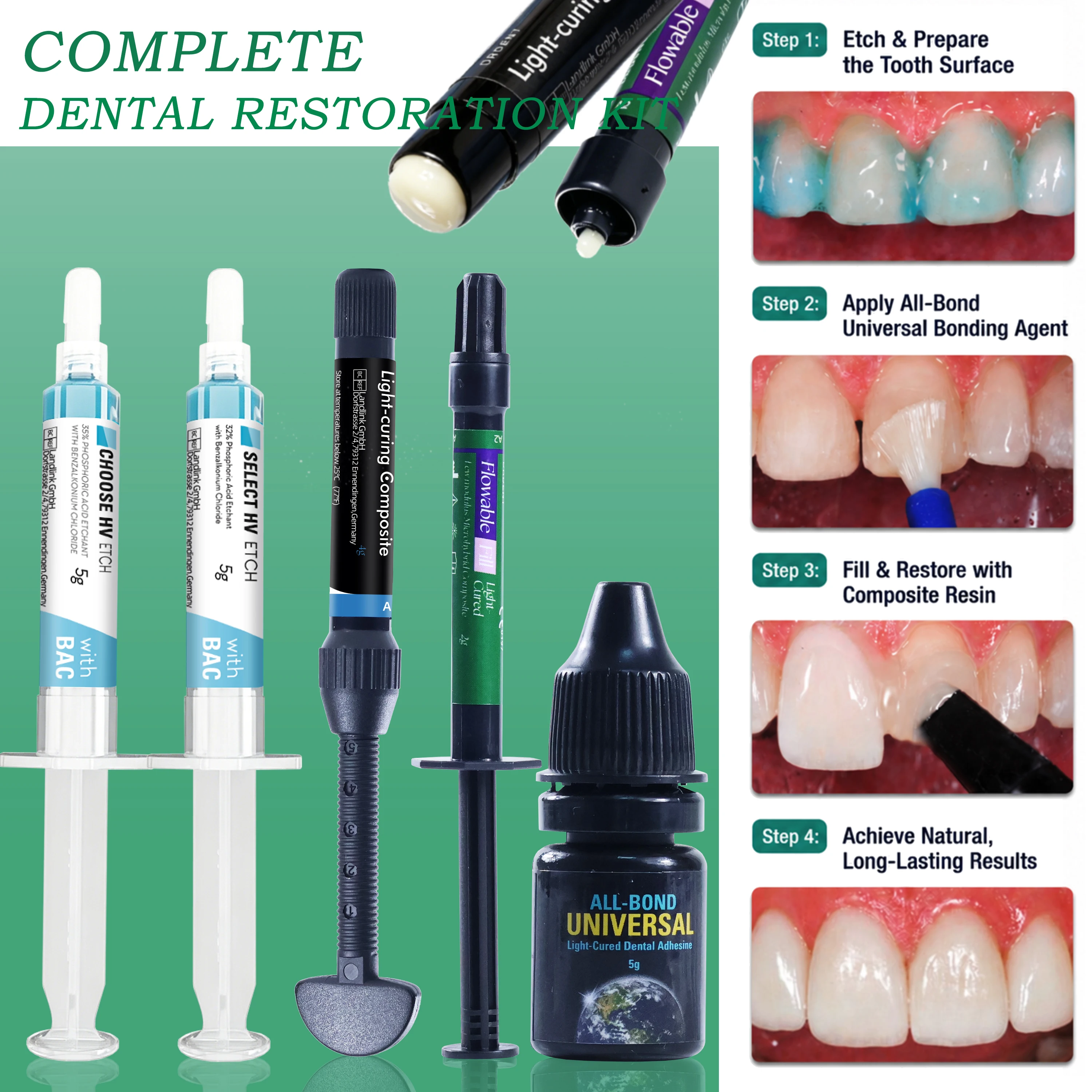 Kit de Resina Compuesta Dental Fotopolimerizable con Gel Grabador y Agente Adhesivo para Restauración de Caries A1/A2/A3