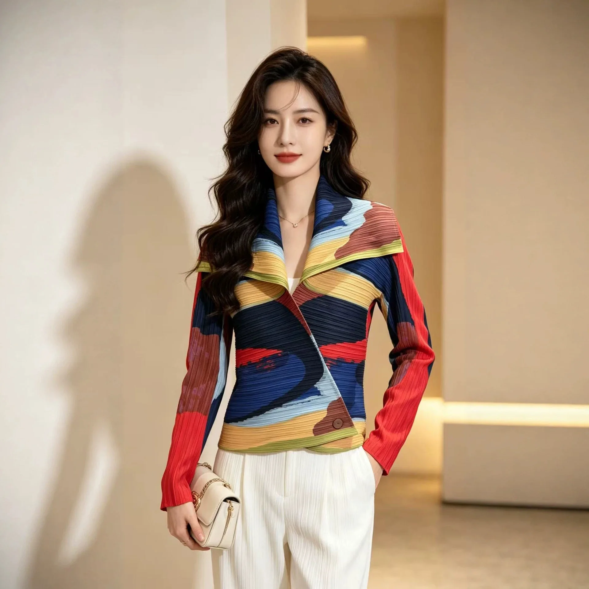 Camisa Plisada con Estampado de Dibujos Animados Miyake para Mujer, Cuello Solapa, Manga Larga, Cierre de Botón, Top de Moda, Cárdigan, Nueva Colección 2026
