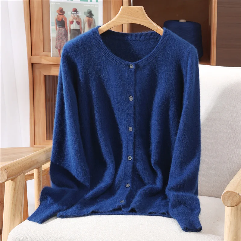 Nuevo suéter de cachemira de visón de 100% para mujer, cárdigan con botones y cuello redondo, suéter suave y cálido para otoño e invierno, Tops informales de manga larga