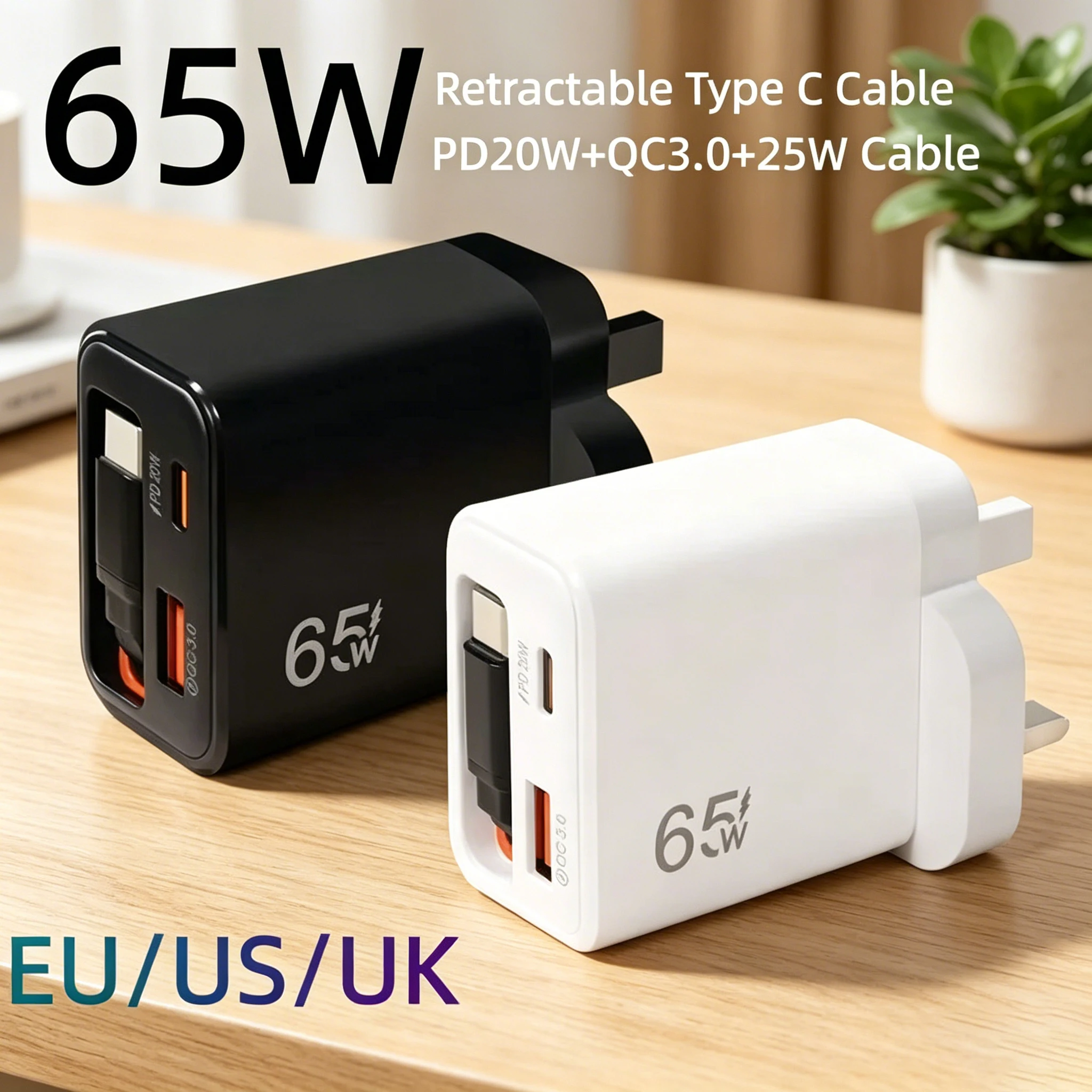 Cargador Rápido USB C de 65W con Cable Retráctil Tipo C, Adaptador de Pared con Enchufe EU/US/UK para iPhone, Samsung, Xiaomi, Huawei, Carga PD