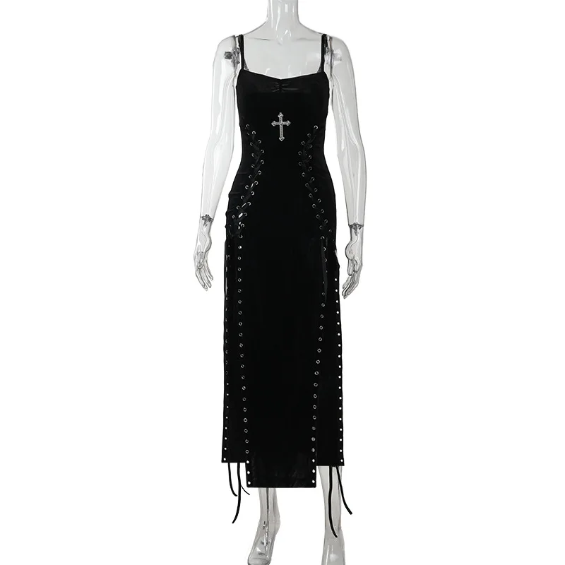 Vestido de terciopelo gótico oscuro estilo punk grunge con abertura alta y tirantes, estilo streetwear de los 90, sexy, con vendaje de espalda, para mujer, ropa gótica de moda.