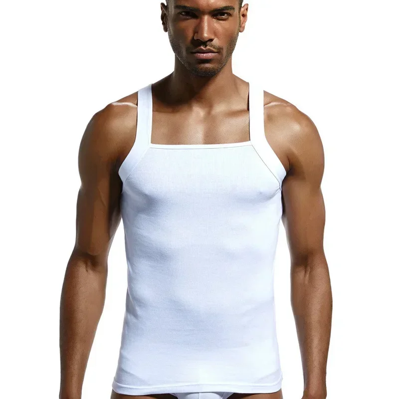 Camisetas sin mangas de corte cuadrado para hombre, camisetas interiores informales acanaladas de algodón, camisetas sin mangas musculares, chaleco de entrenamiento elástico cómodo sin mangas