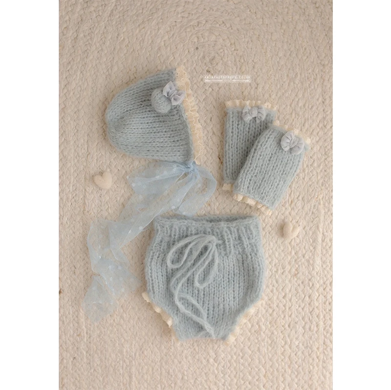 Conjunto de gorro, guantes y pelele de punto para bebé recién nacida, color verde menta, con lazo de encaje, accesorio de fotografía de princesa, ropa cálida de invierno para bebé.