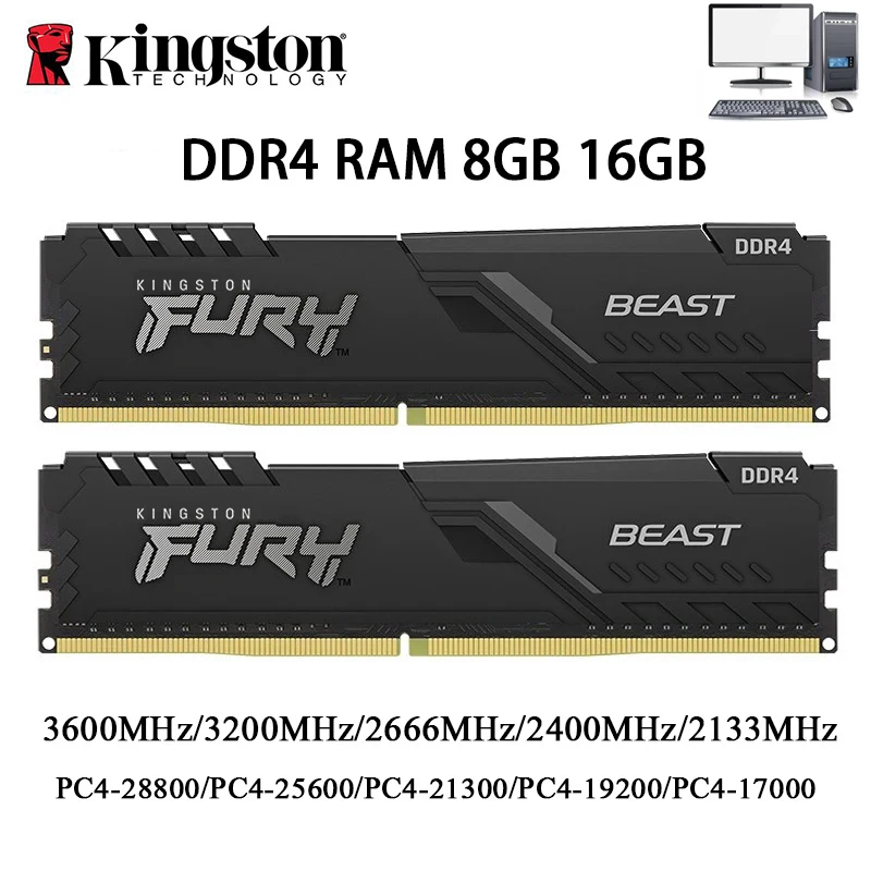 Kingston BEAST Memoria DDR4 RAM de escritorio 32GB 16GB 8GB 3600 3200 2666 2400 MHz Memoria 288Pin DDR4 DIMM 1,2 V PC4-21300 25600 28800