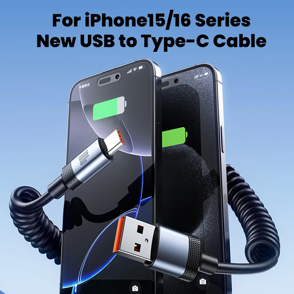 Cable de resorte USB tipo C a USB C de 100W 5A para iPhone 15 16 Pro Max Samsung Xiaomi Cable de cargador de coche 27W tipo C a Cable Lightning