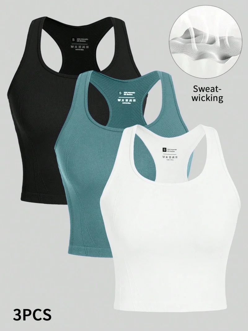 Chaleco de Yoga de 3 piezas para mujer, Tops cortos deportivos con espalda cruzada, ropa de calle sin costuras, camiseta sin mangas transpirable de entrenamiento de punto acanalado para mujer