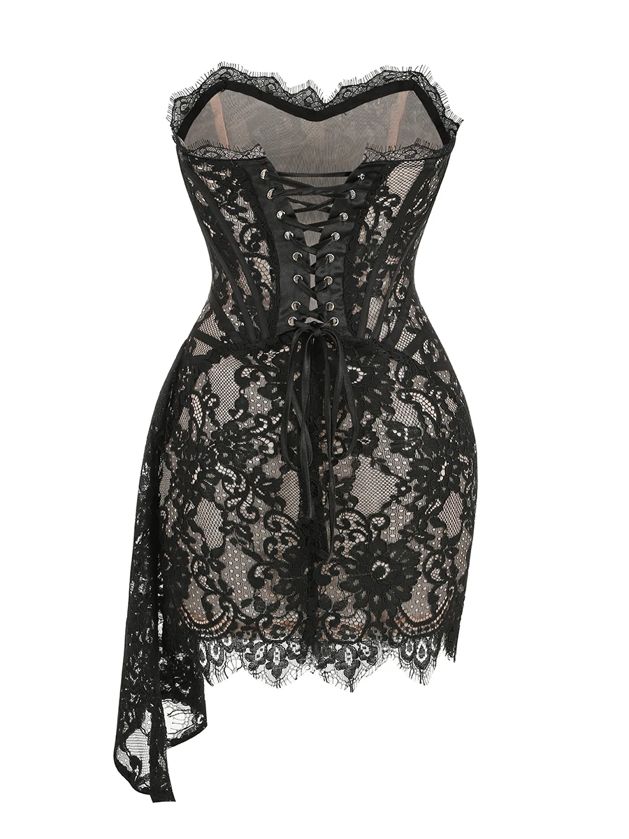 VC Vestido de Navidad para mujer Vestido corto sexy sin tirantes sin mangas de encaje rojo con cordones