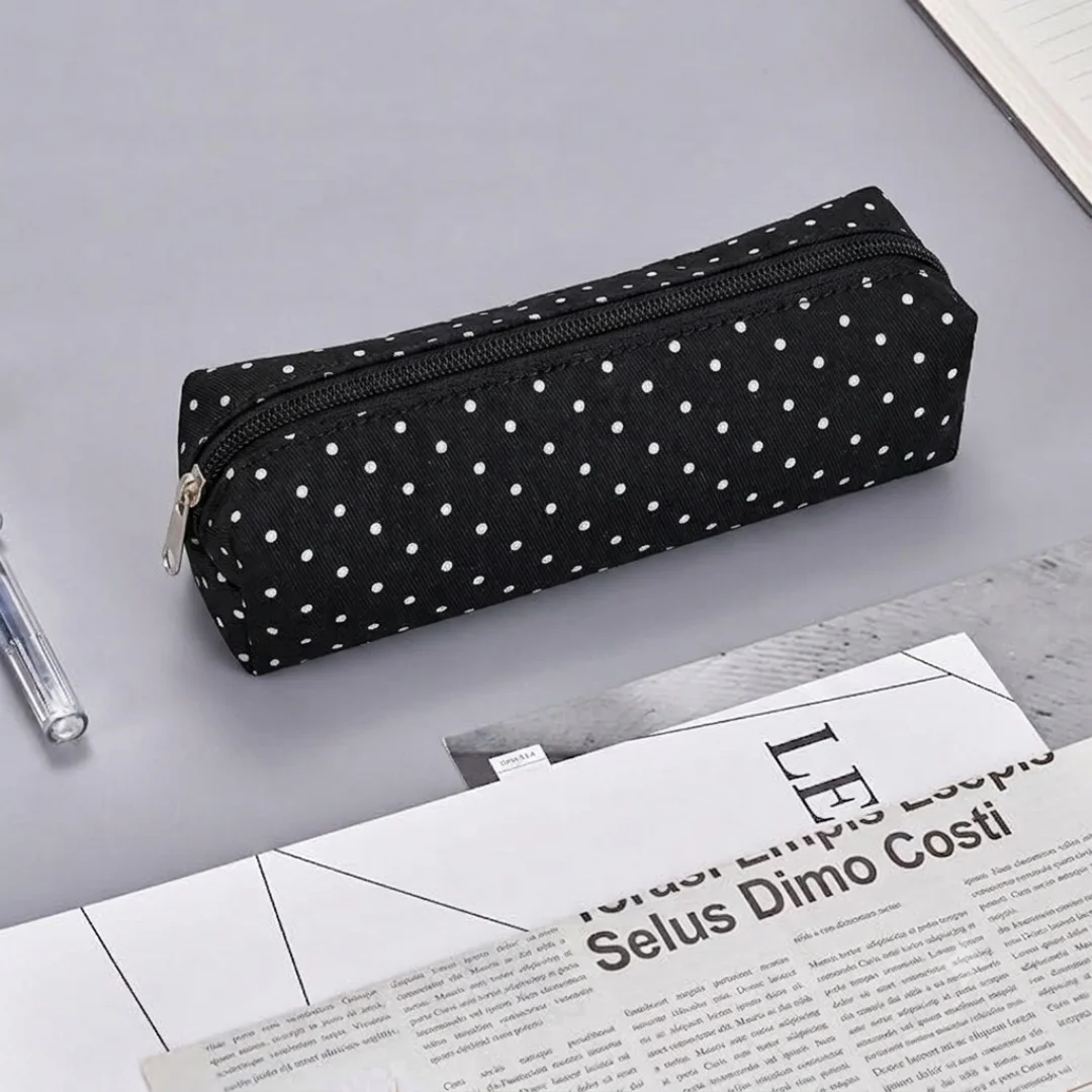 Estuche de lona con diseño de lunares, bolsa de papelería estética simple, bolsa de almacenamiento pequeña portátil para estudiantes, suministros para el regreso a la escuela