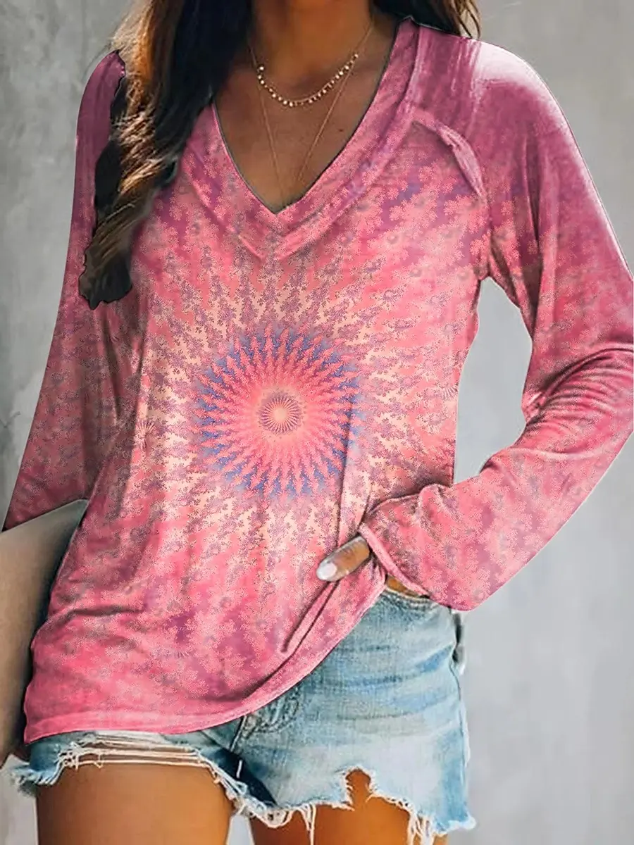 Camiseta elegante de manga larga con estampado vintage y cuello en V para mujer, poliéster suave, ideal para otoño e invierno, ropa informal, Top con estampado floral