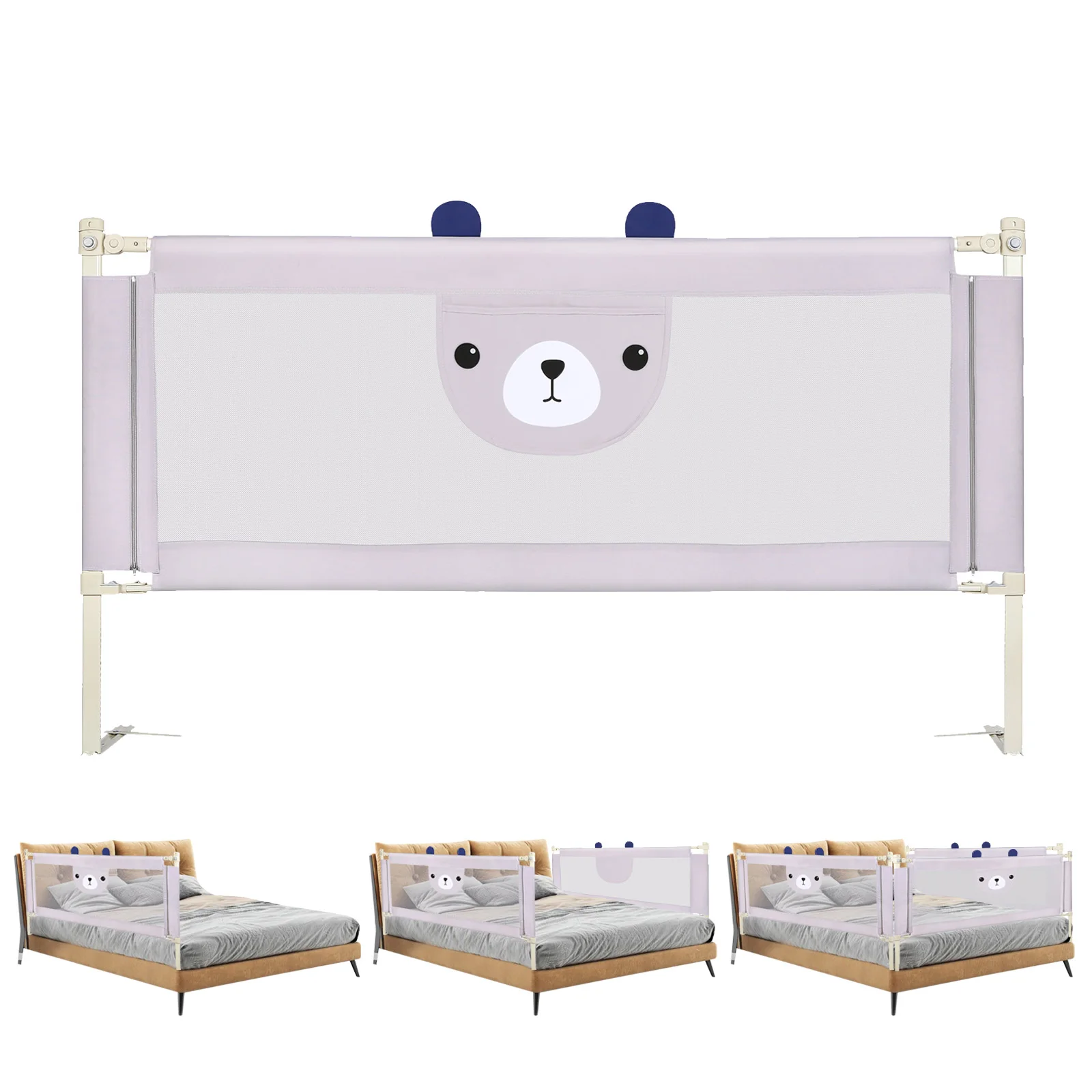 Barrera de seguridad para cuna, con 30 niveles de ajuste, estructura metálica, diseño anticaídas, tejido transpirable con un bonito estampado, 175 cm / 200 cm, color gris claro.