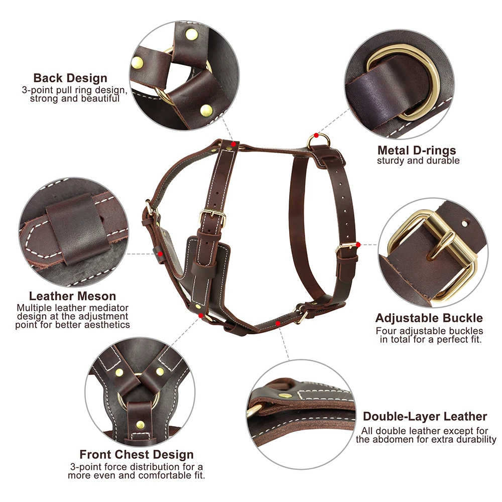 Arnés para perro grande y duradero, Chaleco de cuero genuino, ajustable, Control rápido con asa, suministros para mascotas para Labrador