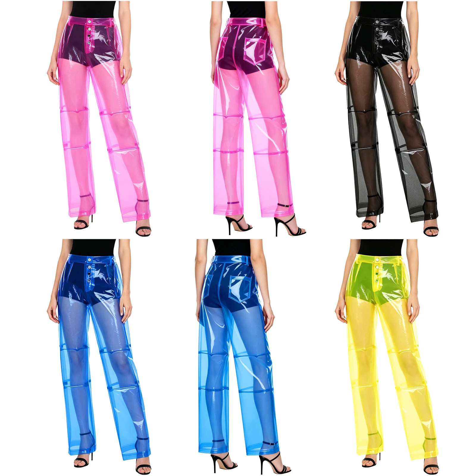 Pantalones de PVC para Mujer, con Botones en la Cintura, Bolsillos Traseros, Pierna Ancha, Corte Recto, Transparentes, para Fiestas, Bailes y Eventos